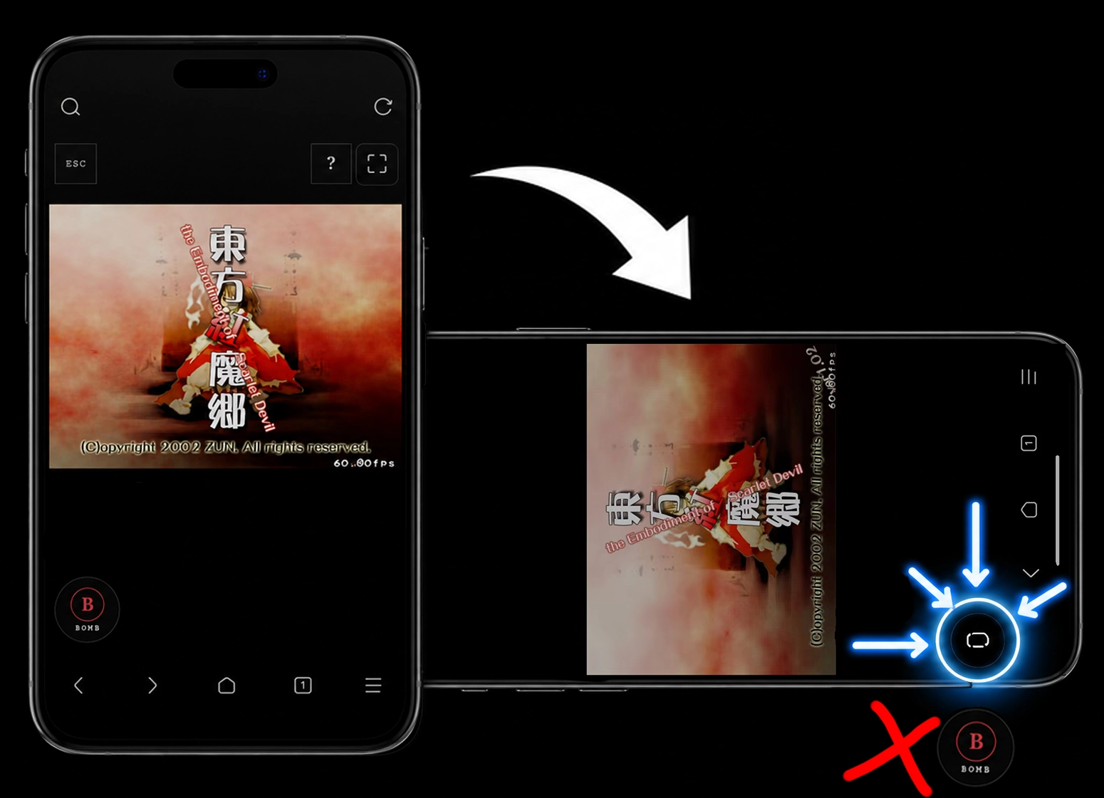 手机横过来后点击右下角系统旋转按钮的操作示意图